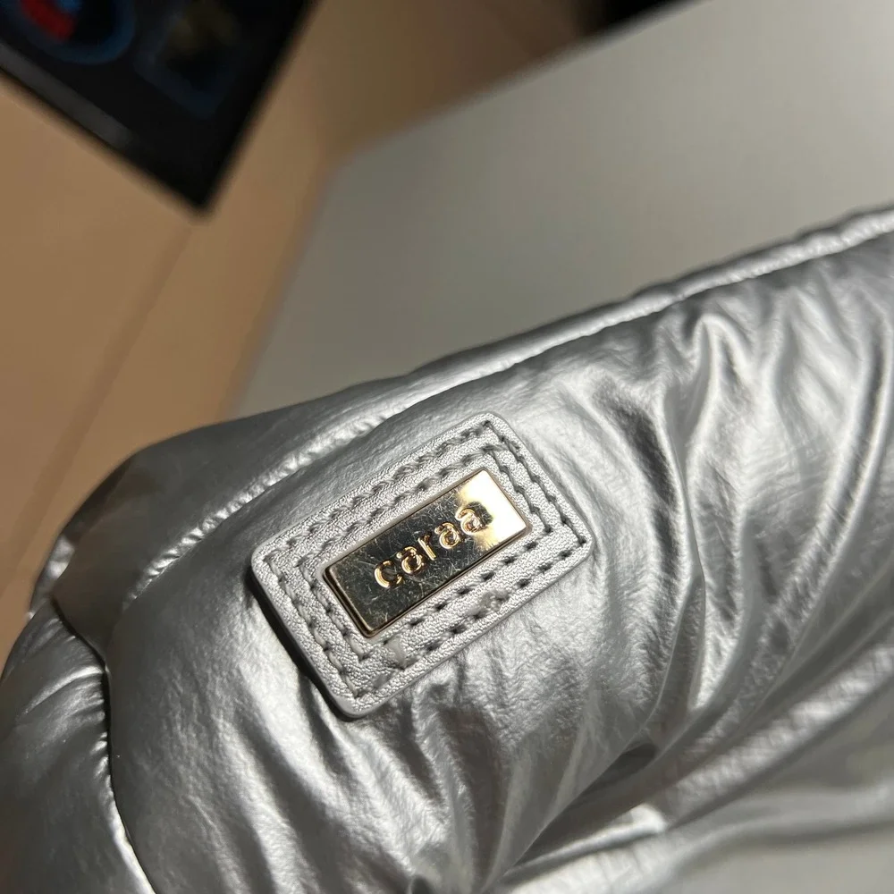 Caraa Metallic Silver Puffer Tote Bag‎ Nylon Feather Handcrafted Padded Handbag